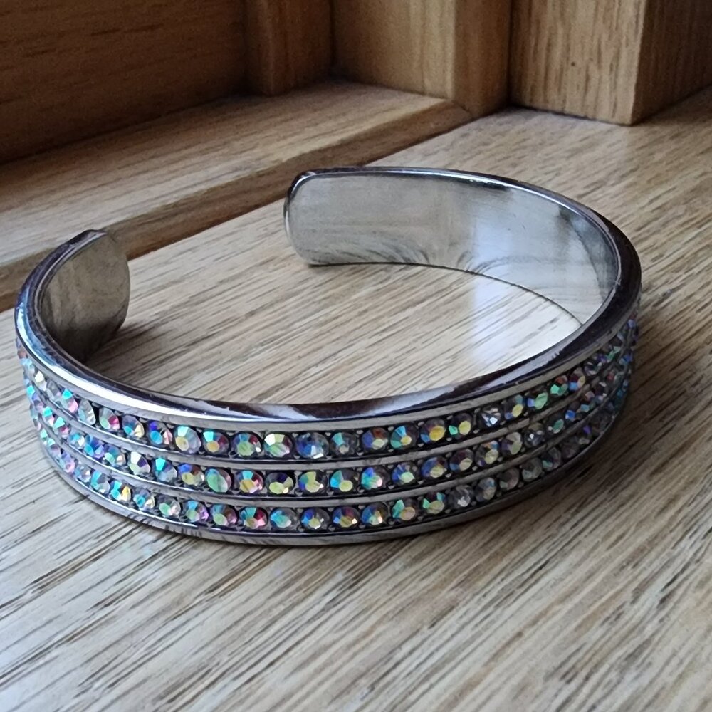 Silvertone Bangle With Three Rows Of Crystals - image 8